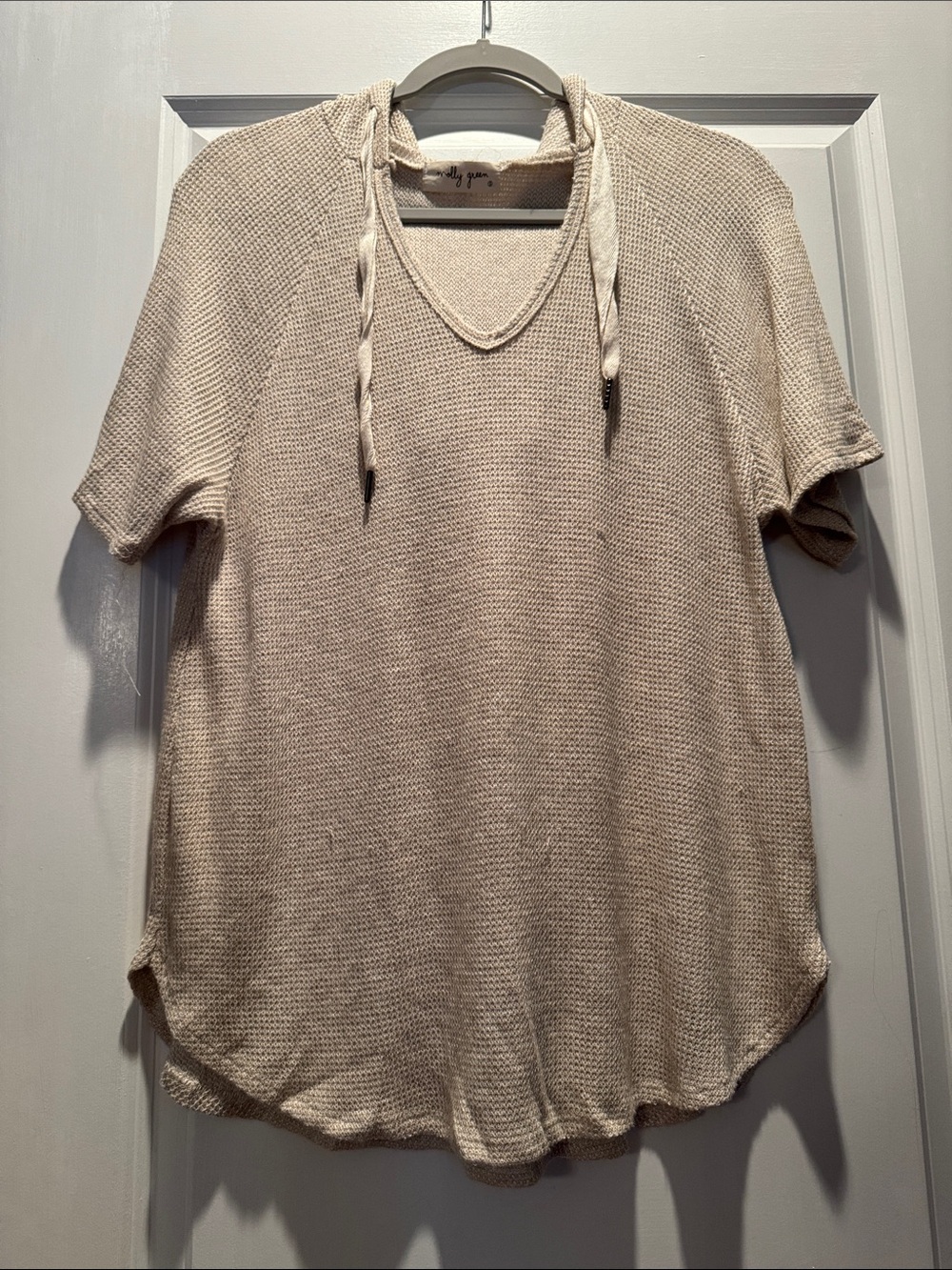 Short-Sleeve Hooded Knit Top in Light Cream